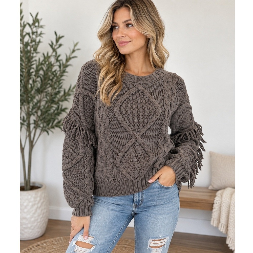 Boho Western Sweater Women Small Cable Knit Fringe Tassel Chunky Taupe Brown